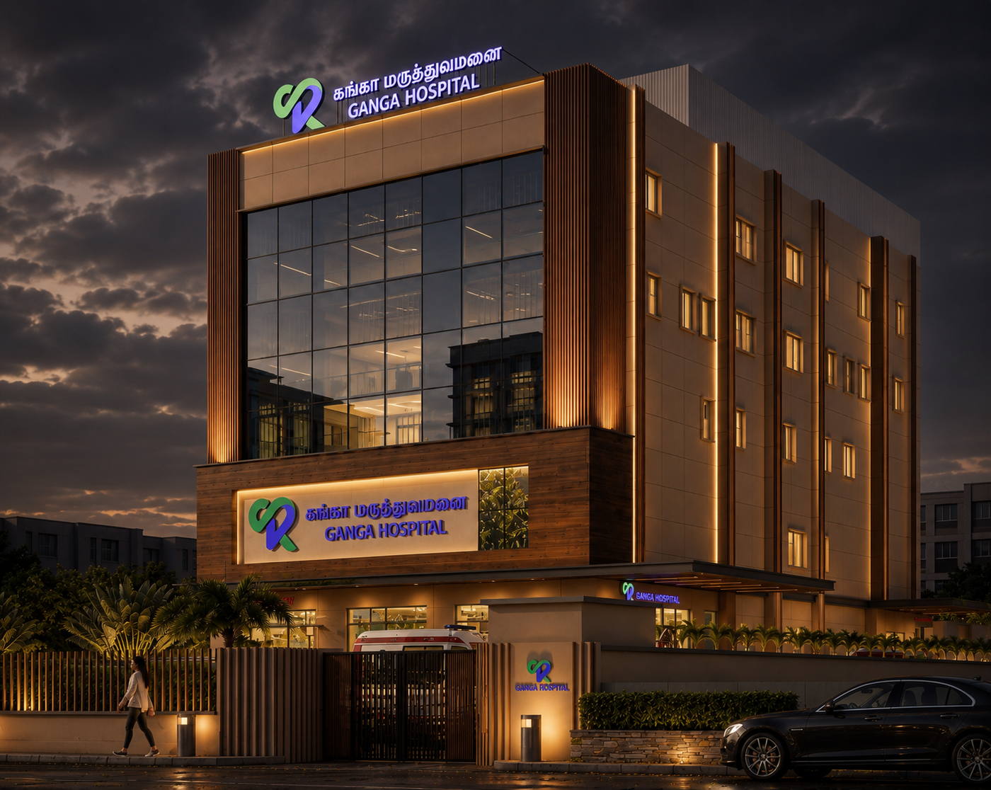Ganga Hospitals, night view