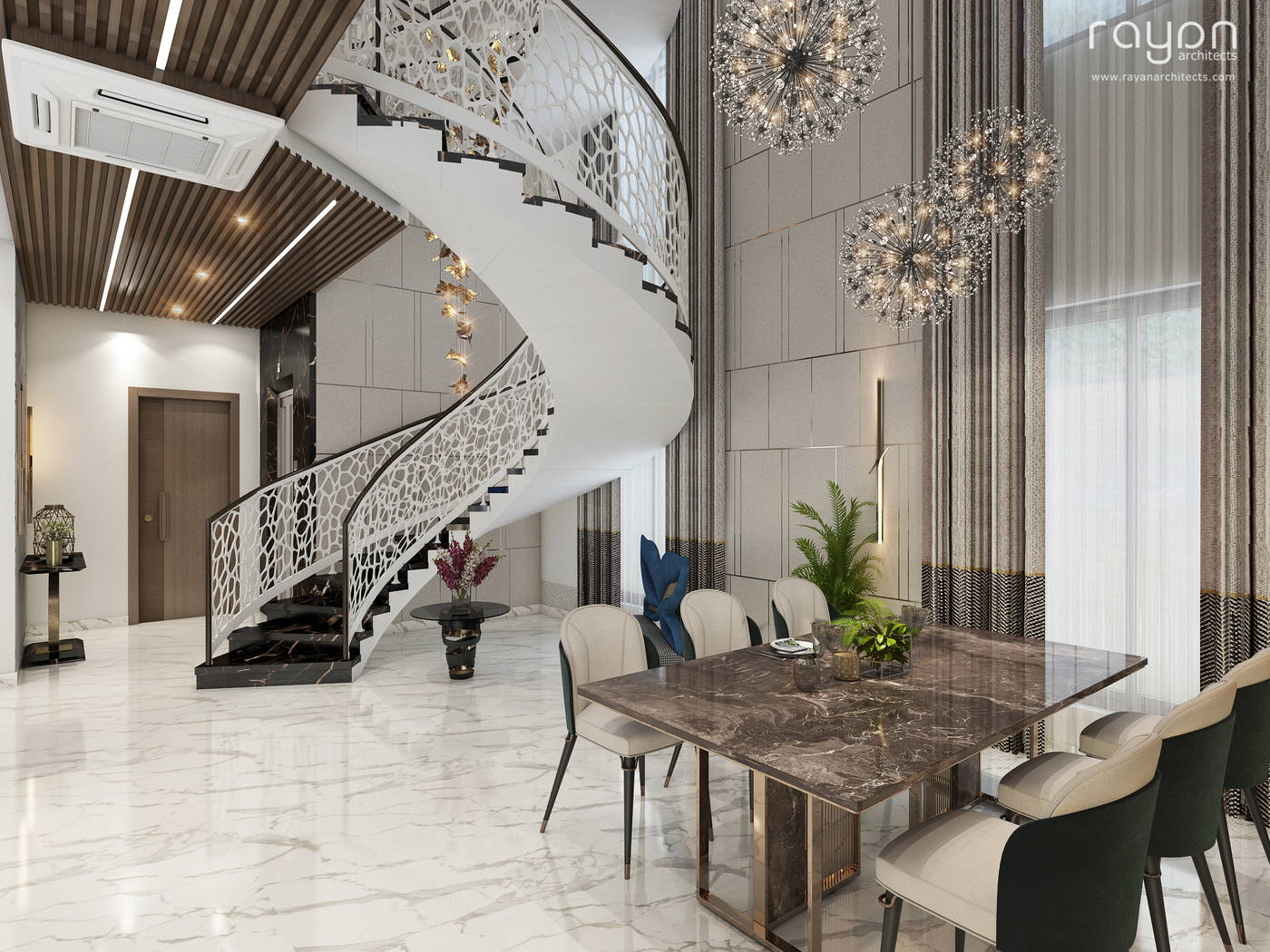 Villa, Palavakkam (2023), ground floor dining staircase