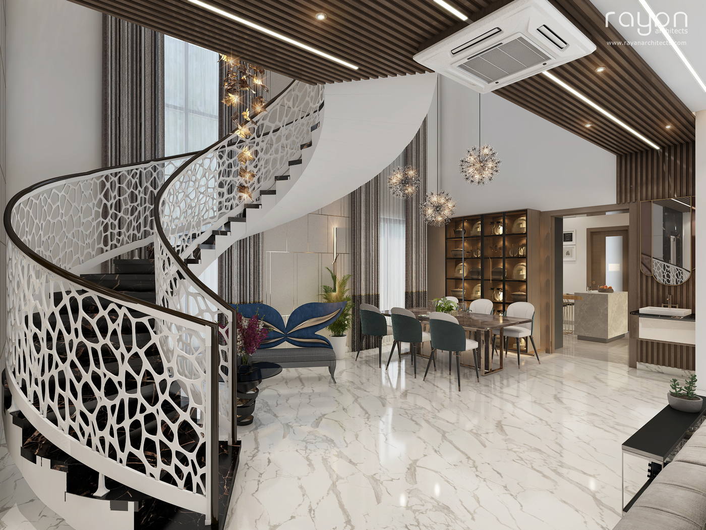 Villa, Palavakkam (2023), ground floor staircase dining