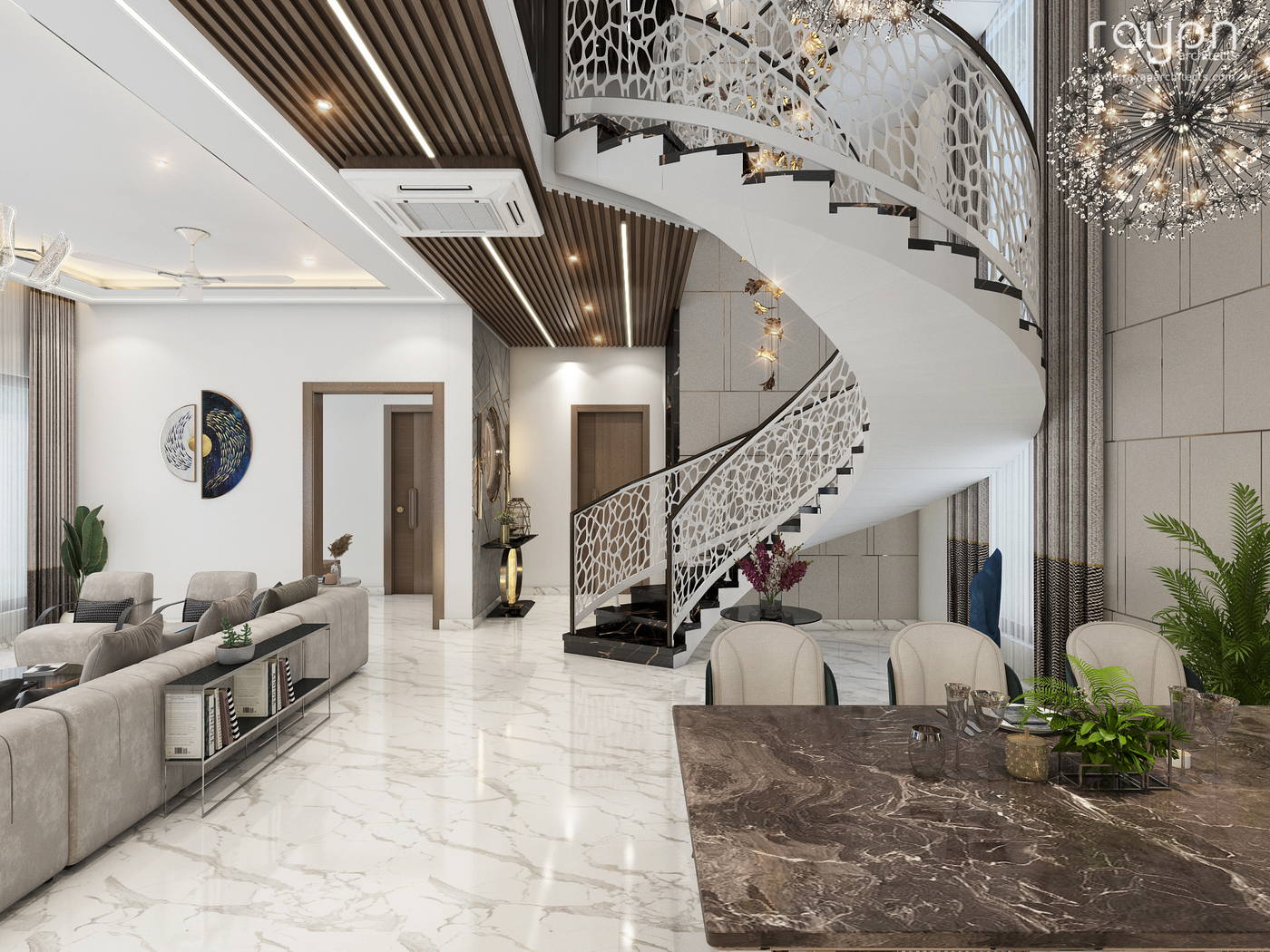 Villa, Palavakkam (2023), ground floor dining staircase